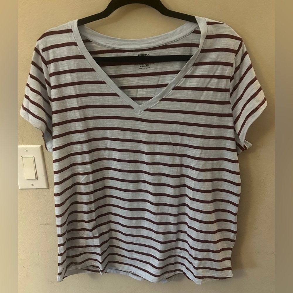 Light grey & Burgundy Striped V-Neck Women's Top